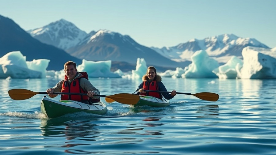 Kayak adventure amid Greenland's icebergs under clear skies.