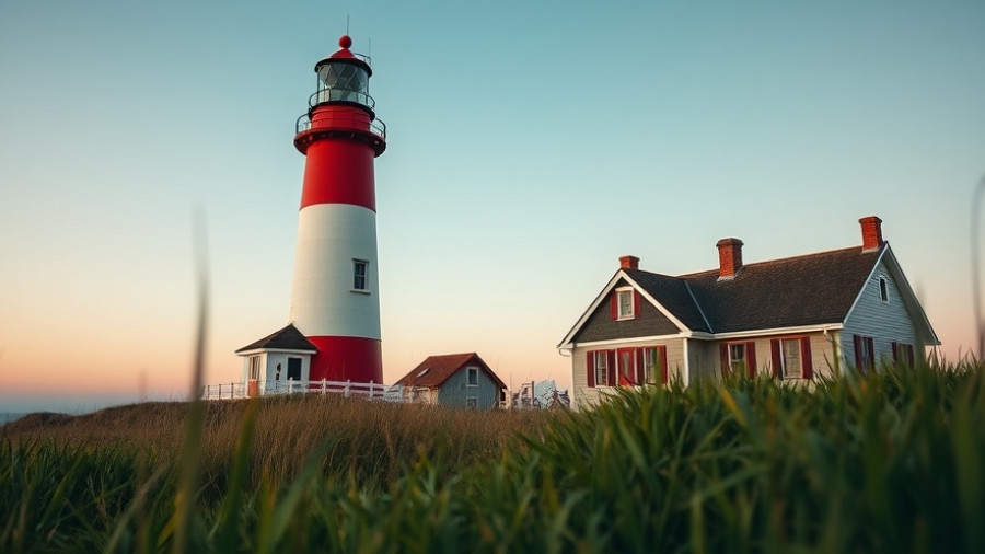 Lighthouse and house in Cape Cod during a serene evening.