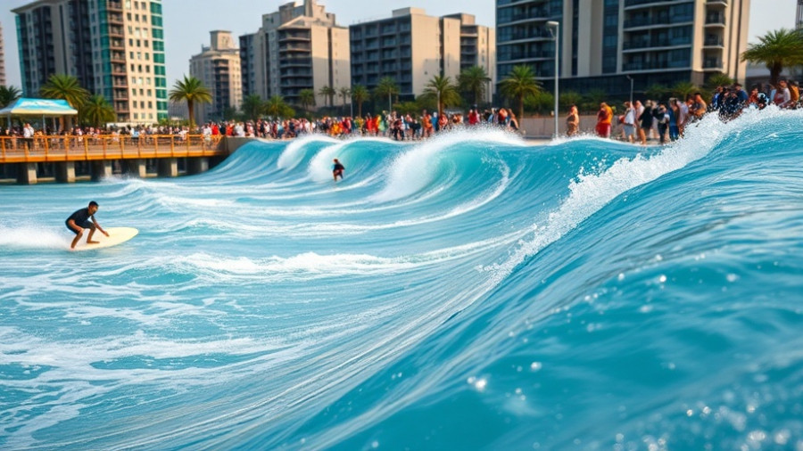 Wave Pool Revolution: Surfers and spectators at urban wave pool event.