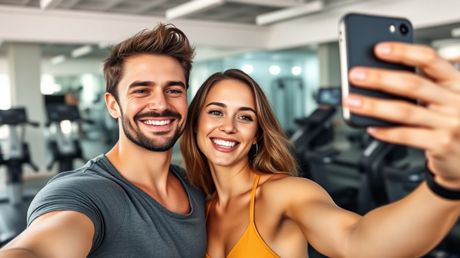 Couple's selfie at gym, casual moment, Gabriel Medina PR stunt context.