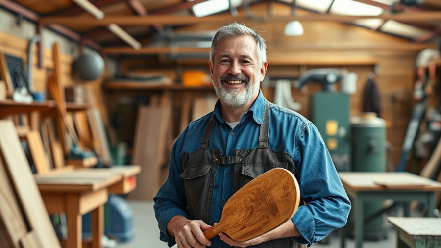 Mature man in workshop holding a paddle, Grey Owl Paddles Expansion