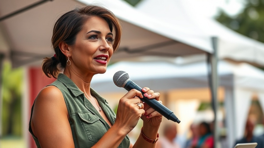 Rosy Hodge speaking outdoors for Rosy Hodge's Journey in Surfing.
