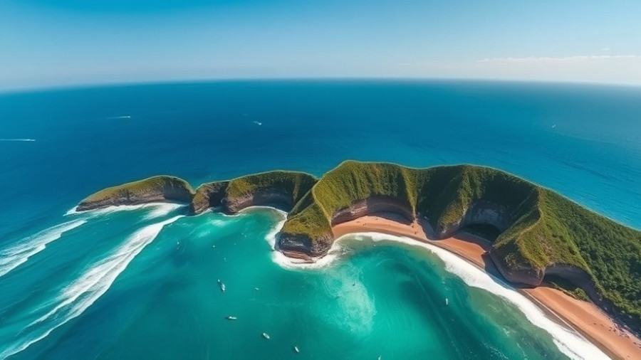Surfing in Bali coastline, azure waves and lush cliffs.