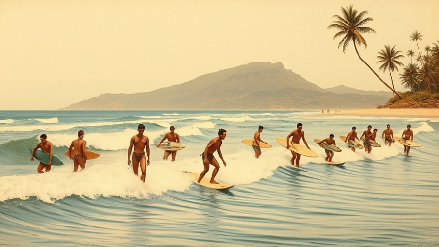 Vintage illustration of early surfers near tropical shore.