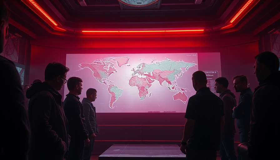 Futuristic meeting analyzing global map, cinematic ambiance