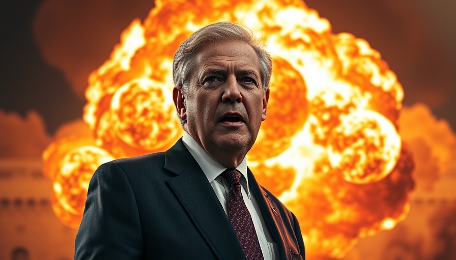 Digitally altered political image with explosion backdrop on broadcast news.