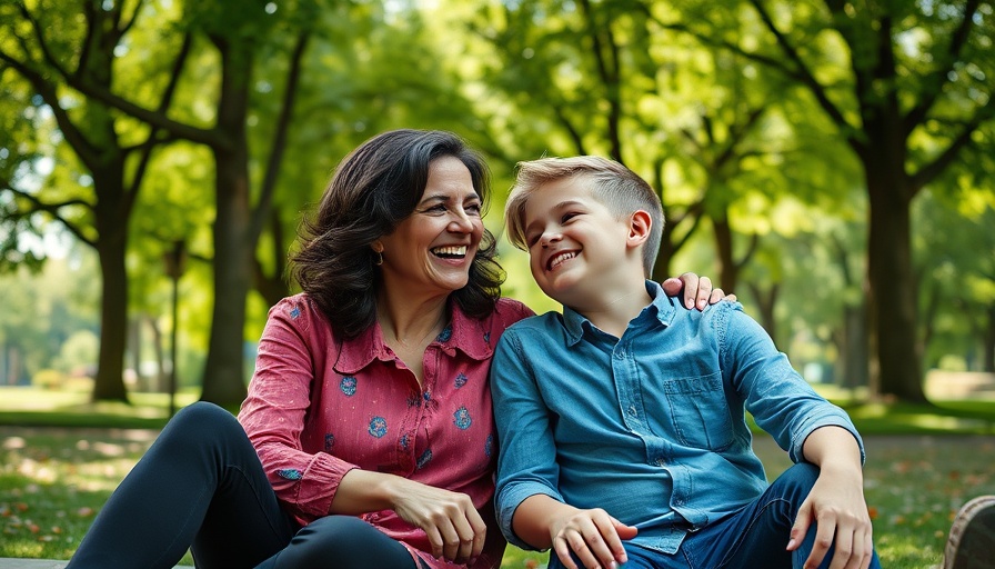 Mother and son laughing together for anxiety relief in a park.