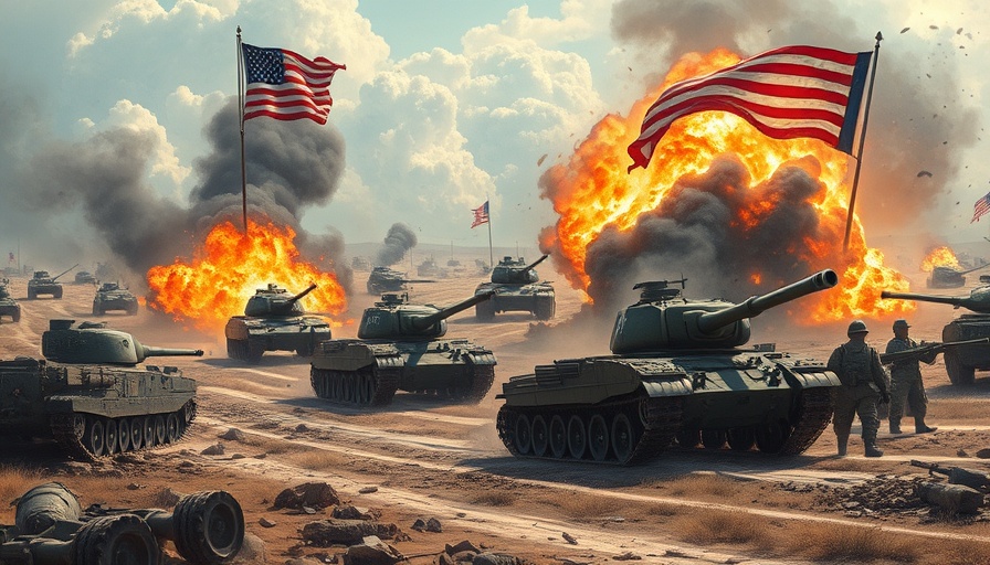 Dramatic battle scene with tanks and American flag.
