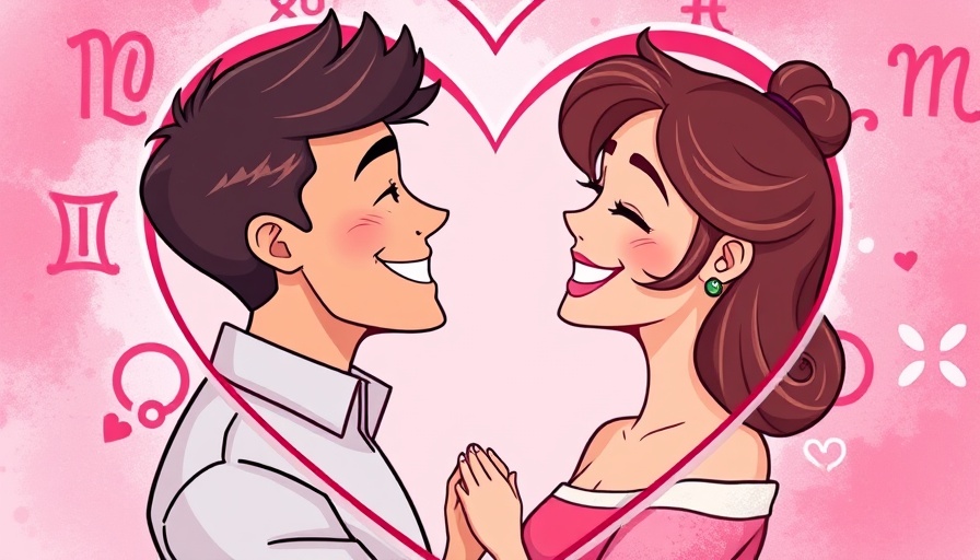 Illustration of couple smiling with zodiac-themed heart background.