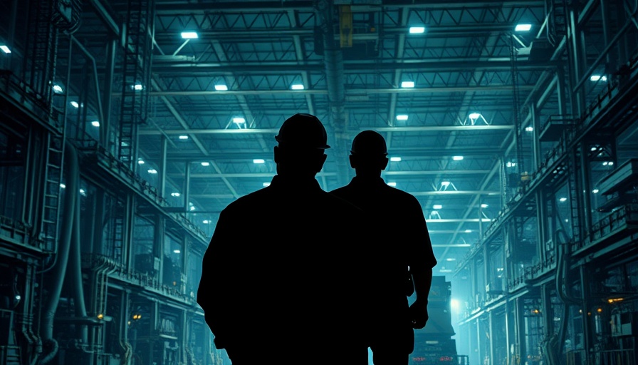 Industrial workers overlooking modern machinery, AI bookkeeping theme.
