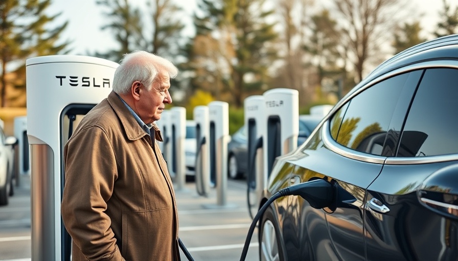 Elderly person charges electric car at Tesla station, AI policy conflict concept.