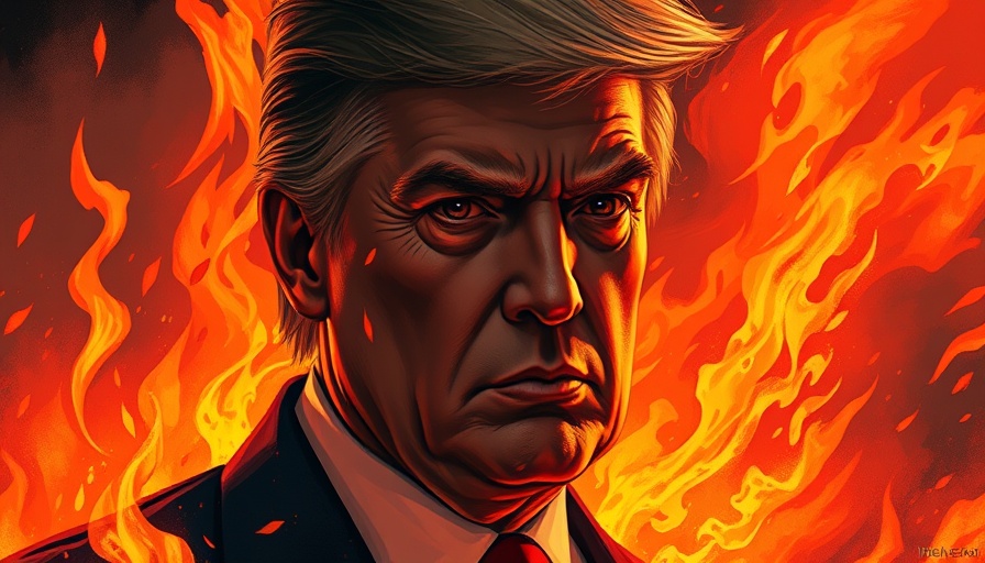 Dramatic illustration of political figure in fiery scene