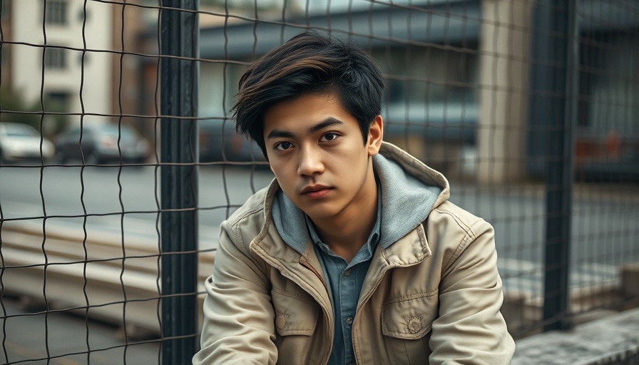 Thoughtful young person in urban setting with beige jacket.