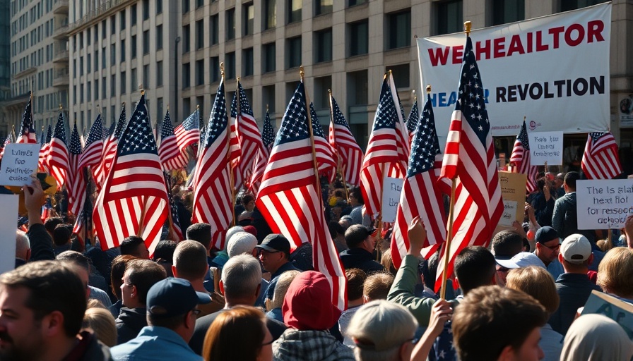 Rally with American flags urging health revolution, Vaccine Misinformation context.
