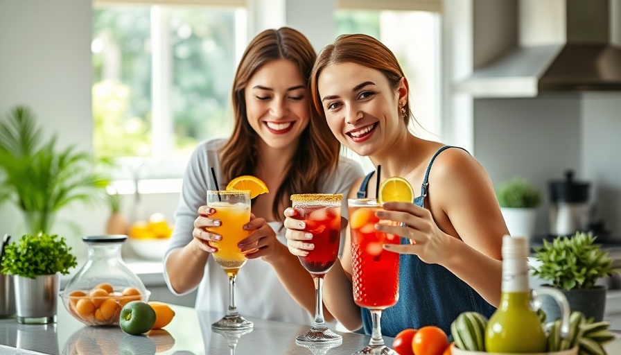 Two women preparing drinks in a vibrant kitchen.