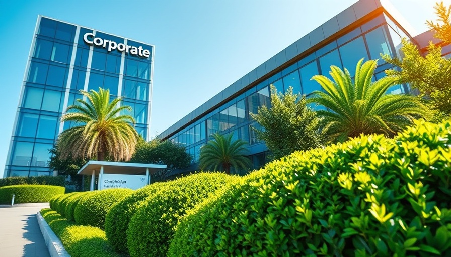 Modern corporate building, startup cash management, vibrant greenery.