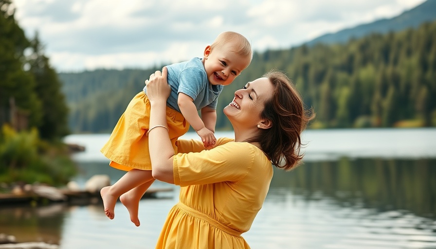 Mother uplifting baby by a lake, highlighting Medicaid system failure.