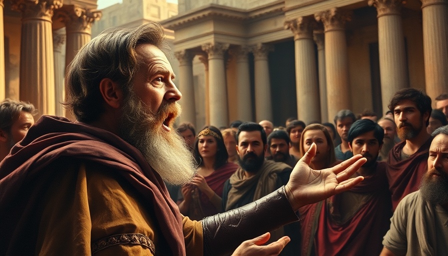 Ancient Roman sermon scene with a passionate speaker.