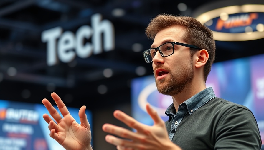 Casual man speaking at a tech conference, smart device support discussion.