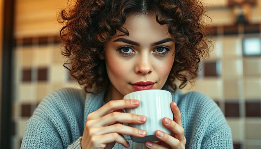 Curly-haired woman sipping drink in cozy setting.
