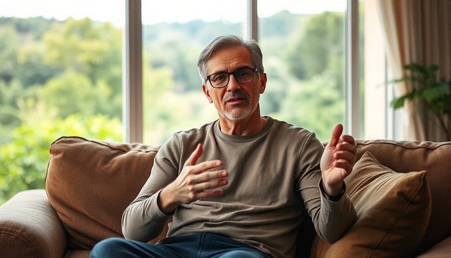 Casual man sitting on couch, discussing wellness tool in serene setting.