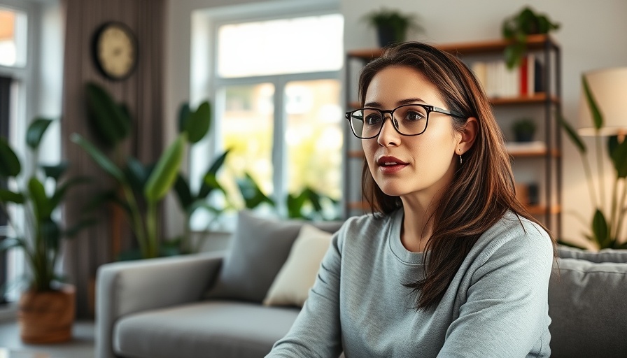Woman in a cozy living room promoting holiday wellness retreats.