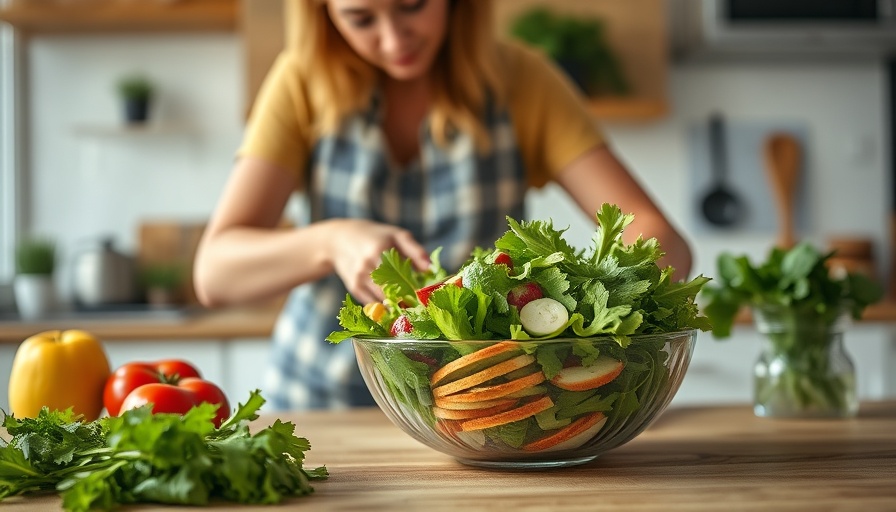 Home cook preparing fresh salad in modern kitchen.