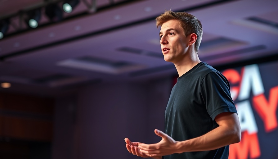 Young man speaking on stage with a device in hand