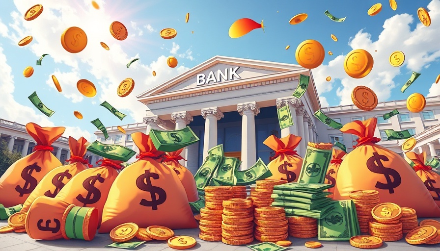 Colorful financial symbols with building backdrop