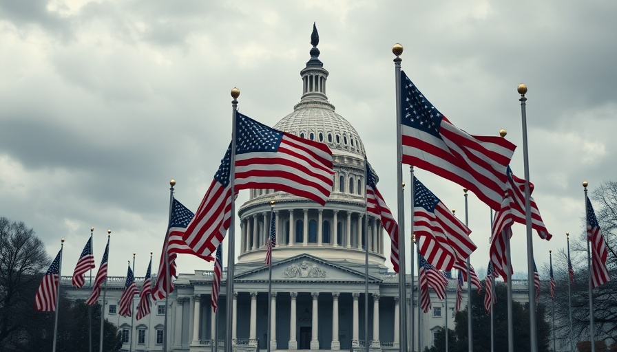 American flags at half-mast near U.S. Capitol, somber atmosphere, hospital sale connection.