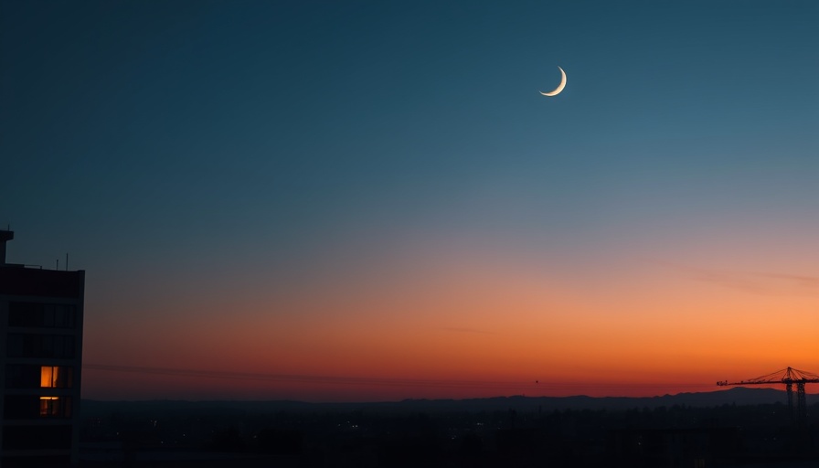 Peaceful cityscape with crescent moon and sunset skies