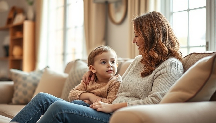 Casual mother and child on sofa discussing medical billing, cozy setting.