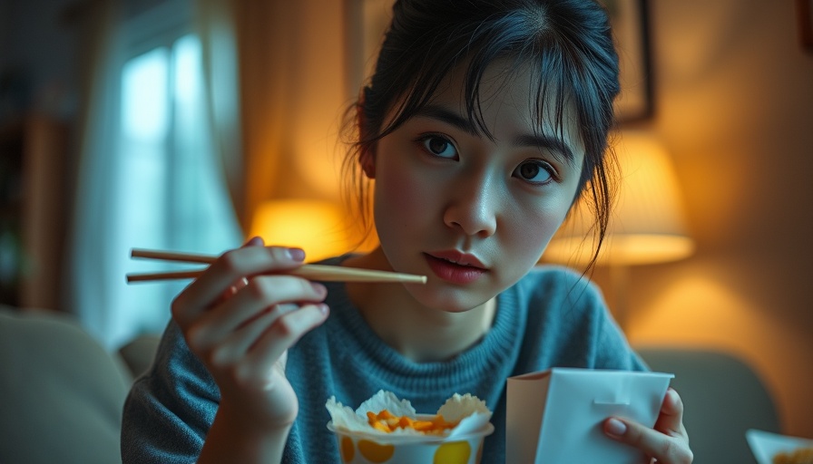 Woman experiencing emotional eating with takeout food on the sofa.