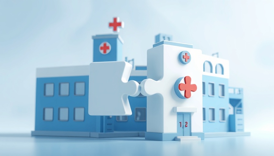 Cartoon hospital buildings merging symbolizing a hospital merger.