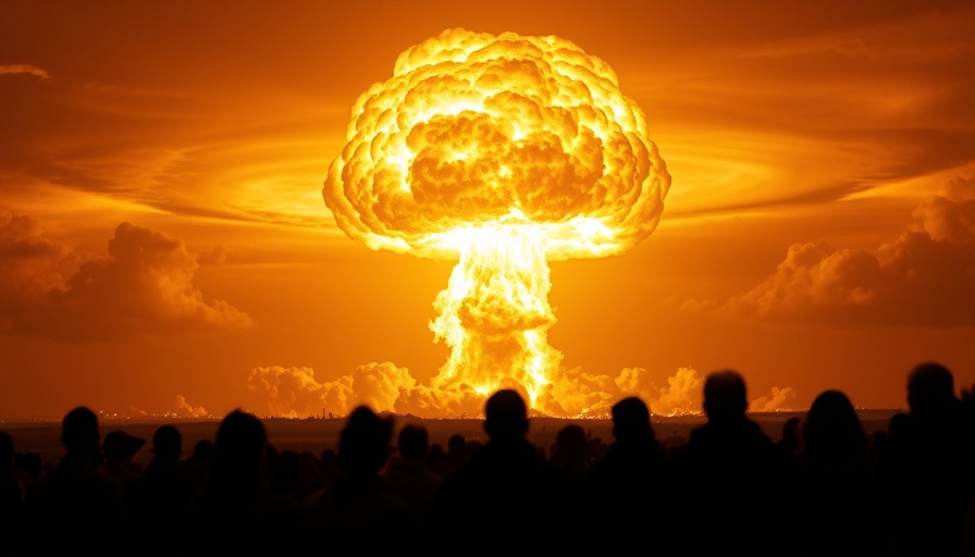 Dramatic nuclear explosion viewed by crowd, intense orange glow.