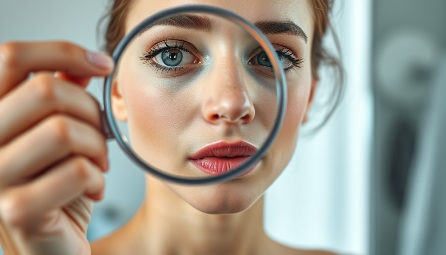 Close-up of woman examining skin through magnifying glass, bio-retinol cream