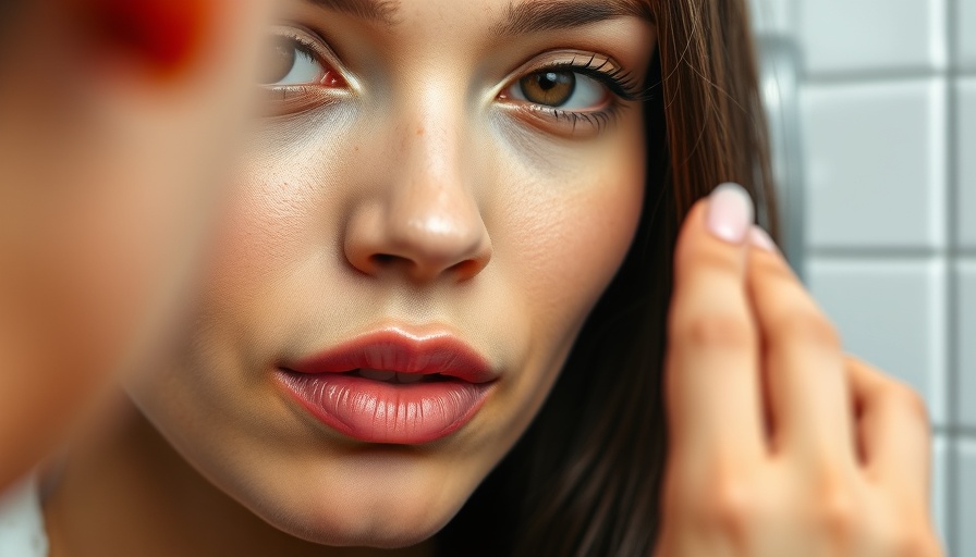 Close-up of skincare focus in mirror, red light therapy context.
