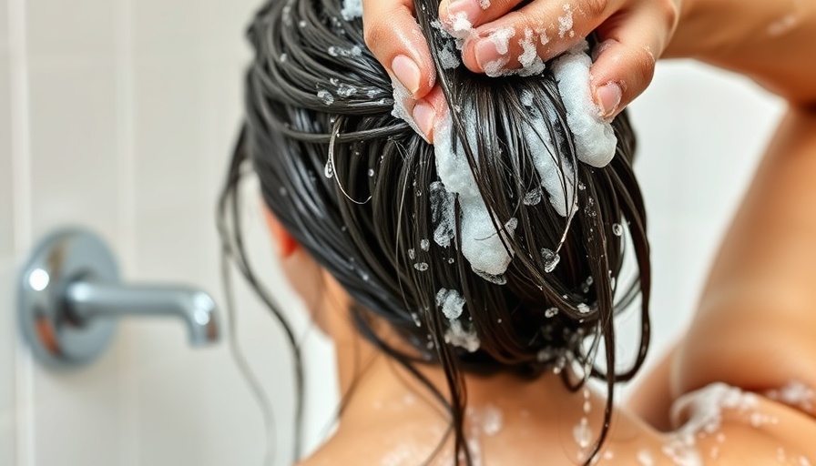 Close-up of hair washing with soapy hands in natural light.