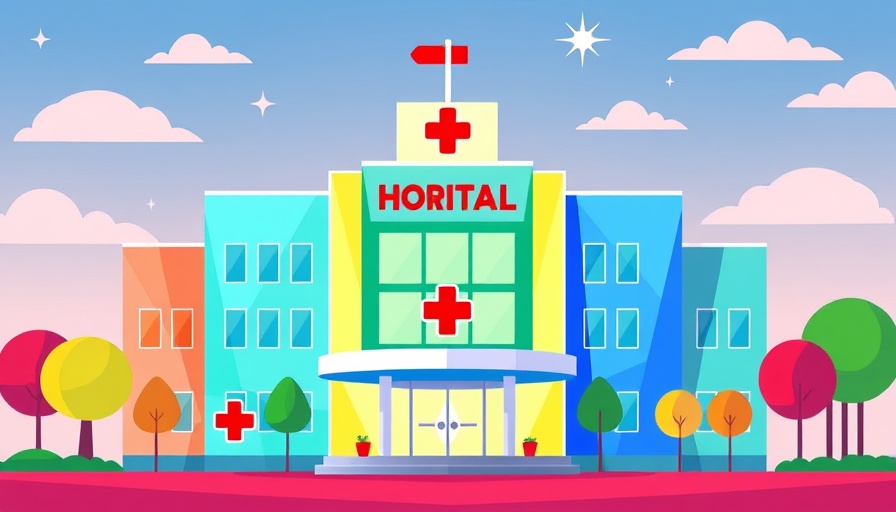Stylized cartoon hospital building, healthcare divestiture theme.