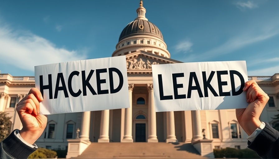 Cybersecurity breach signs held up outside government building.