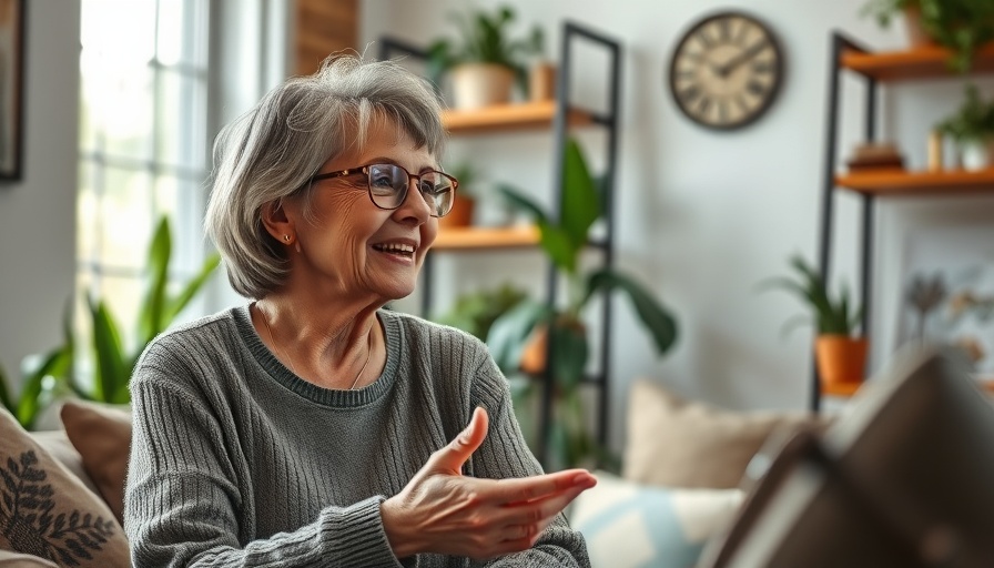Mature woman discussing in cozy, bright living room.