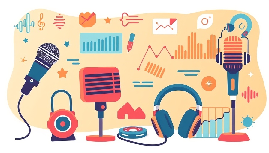 Stylized health innovations media illustration with audio icons.