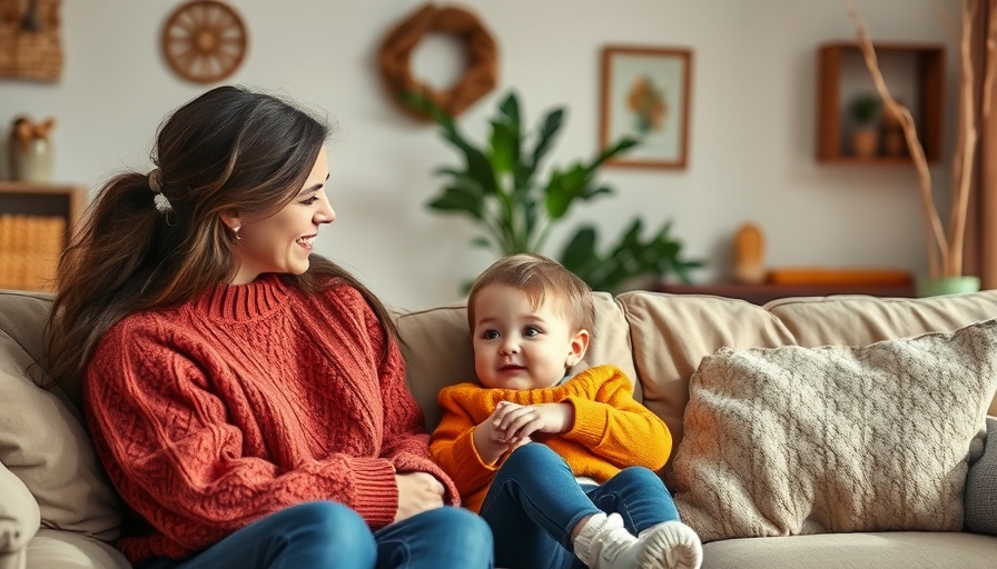Cozy living room with woman and child in colorful sweaters.