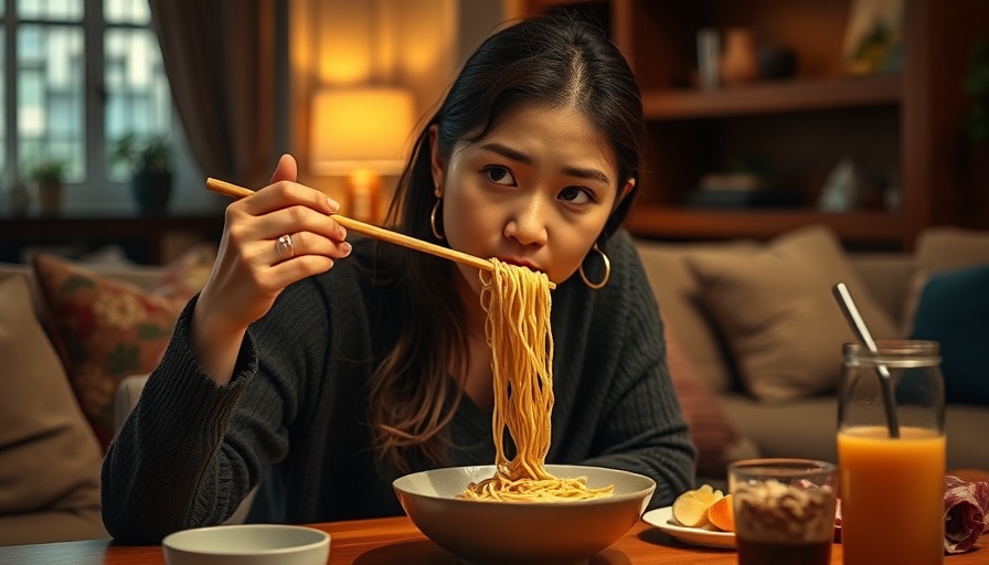 Woman comfort eating takeout food in a cozy living room setting.