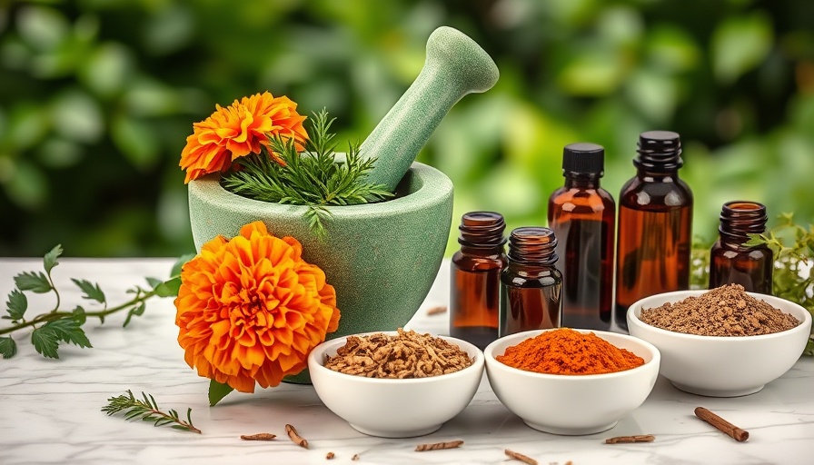 Homeopathy remedies with herbs and glass bottles on marble table.