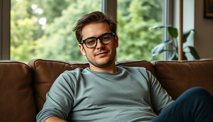 Man sitting on a couch in December with green nature background
