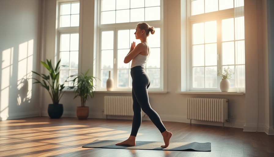 Woman practicing yoga indoors, modern setting, PEMF technology connection.