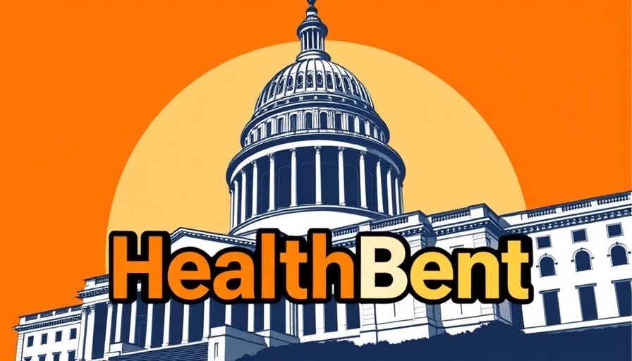 Illustration of Capitol building with 'HealthBent' text, orange background.