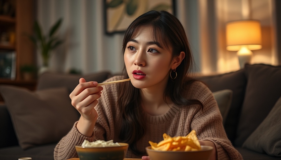 Woman comfort eating on couch surrounded by snacks, relaxing evening.