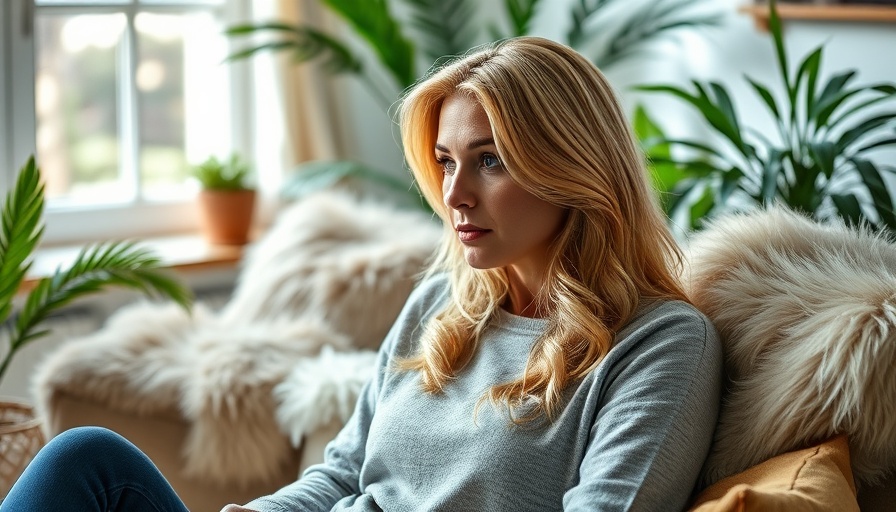 Blonde woman discussing anti-aging skincare in a cozy setting.